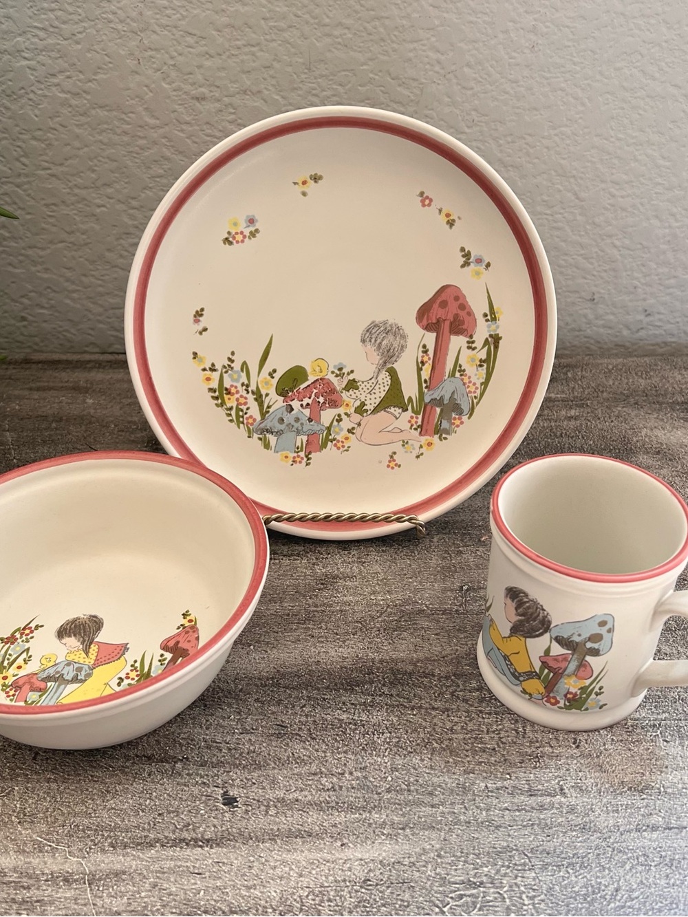Vtg Denby Dreamweavers Plate Bowl & Mug Stoneware Child Set Mushrooms England